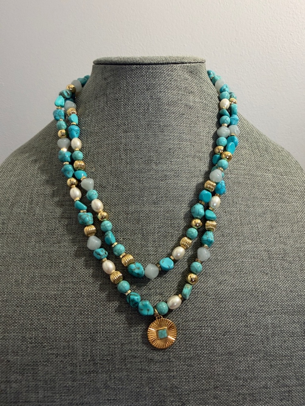 Talbots Turquoise and Gold Double-Strand Beaded Necklace